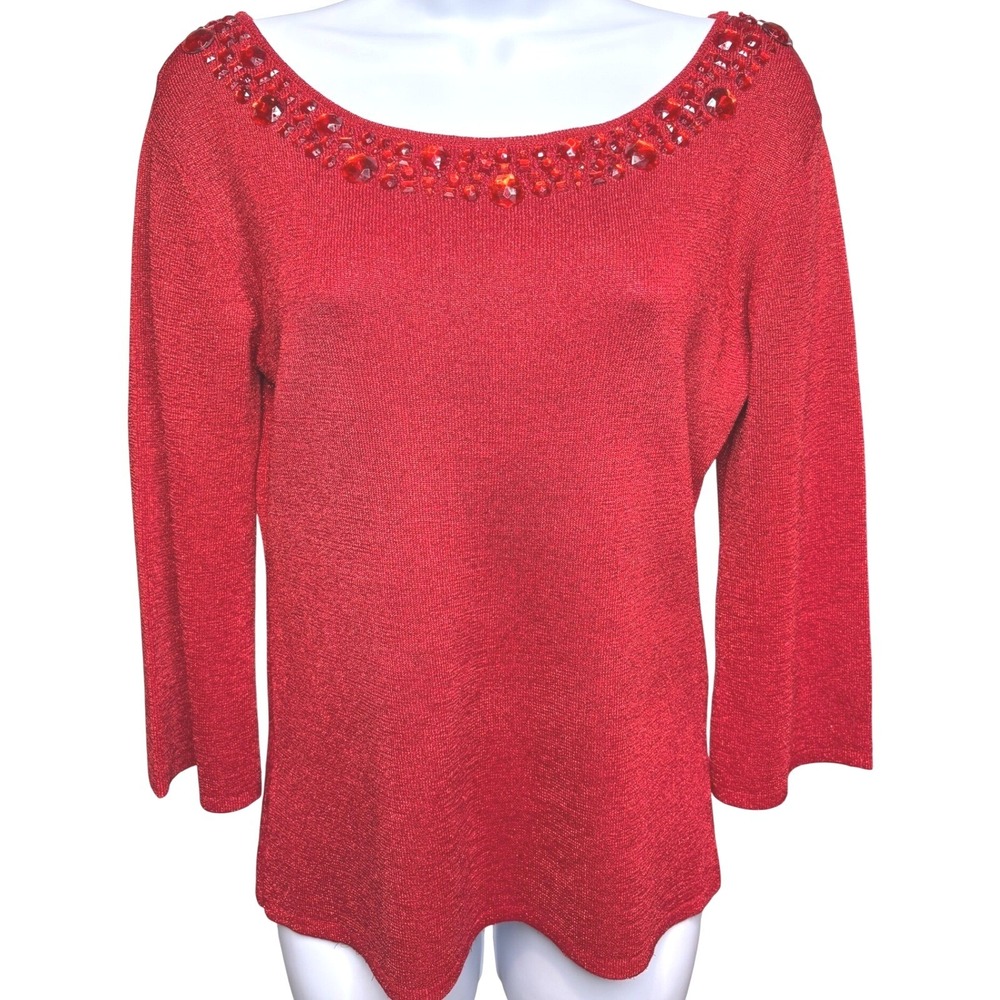 JOSEPH A Womens Red Metallic Beaded Scoop Neck Sweater M Sparkly Glam Cocktail